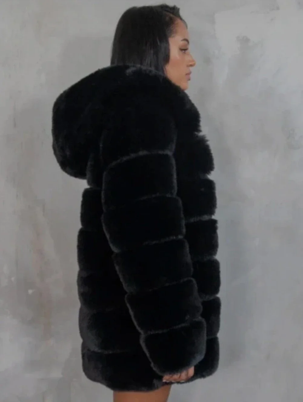 Disco Disiac Black Vegan Fur Hooded Coat with Red Lining - Women's Jacket